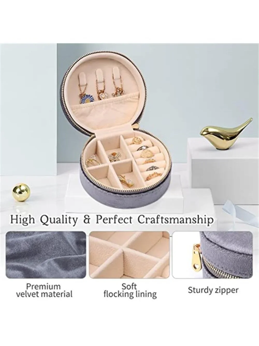 Round Velvet Jewelry Box Small Travel Organizer Case Women Grey Zipper